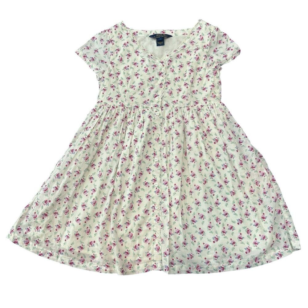 Polo Ralph Lauren Girls White Pink Floral Cotton Button Front Lined Dress Size 7